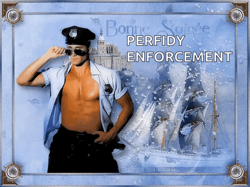 a man in a police uniform is standing in front of a ship and says bonne soiree