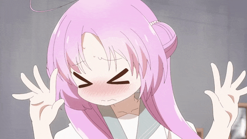 a girl with pink hair is making a funny face