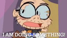 a cartoon character says " i am doing something " in a purple background