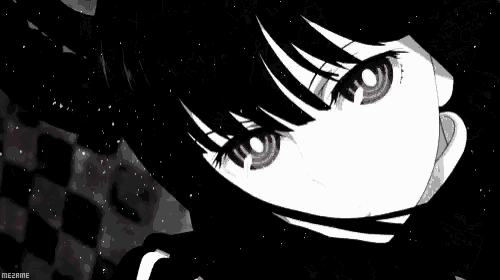 a black and white anime girl with red eyes is standing in front of a checkerboard background .