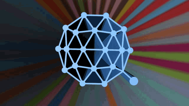 a colorful background with a blue geometric shape in the center