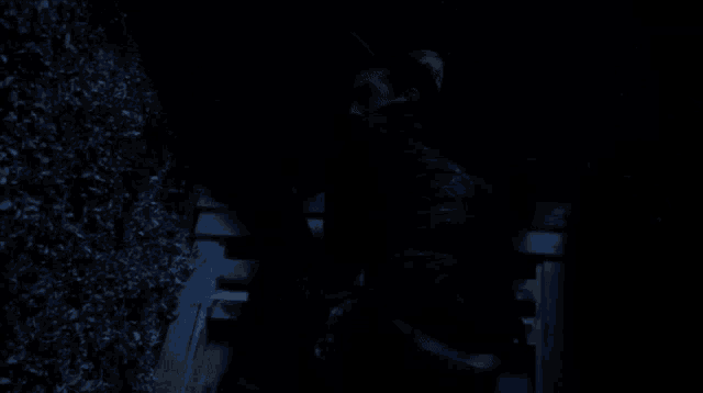 a close up of a person 's face in the dark .