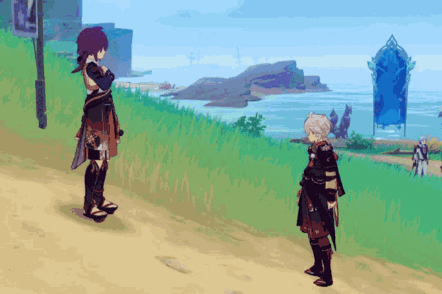 a couple of cartoon characters standing next to each other in front of a body of water