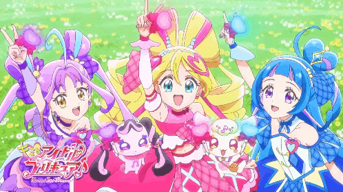 a group of anime girls are standing next to each other and the word pretty cure is on the bottom right