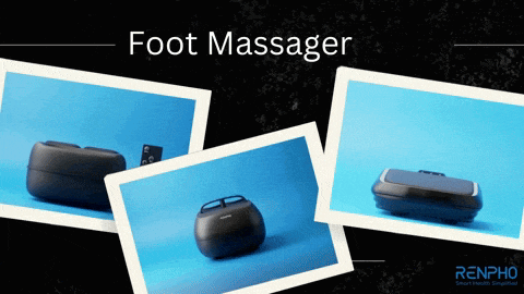 a collage of photos of a foot massager with renpho written on the bottom