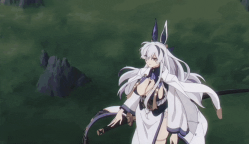 a girl with long white hair and a huge breast