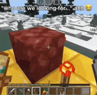 a red block in a video game with the words " who are we looking for "