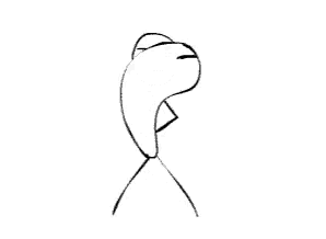 a black and white drawing of a stick figure with a long tail and a sad face .