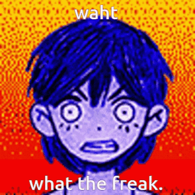 a cartoon of a boy with blue hair and the words waht what the freak on the bottom