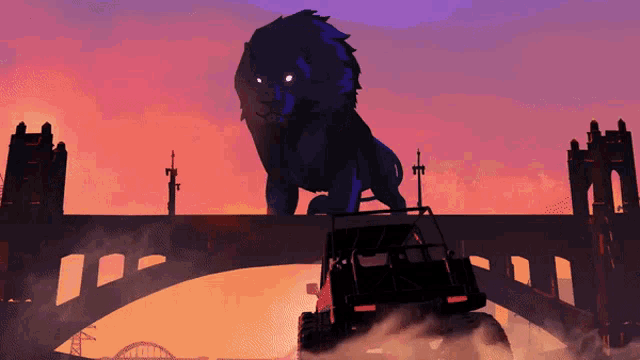an illustration of a giant lion standing on a bridge over a vehicle