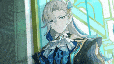a drawing of a man with long white hair and blue highlights