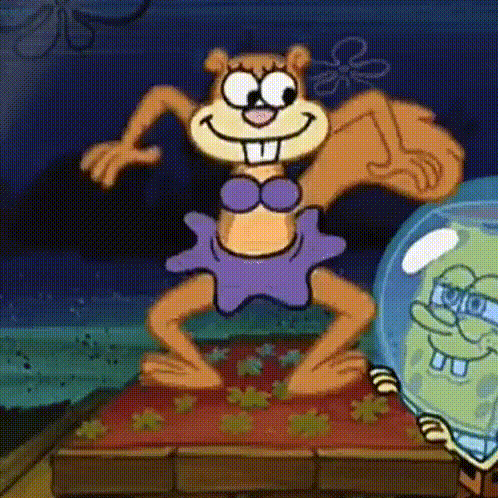 sandy cheeks from spongebob squarepants is standing next to a spongebob bubble .