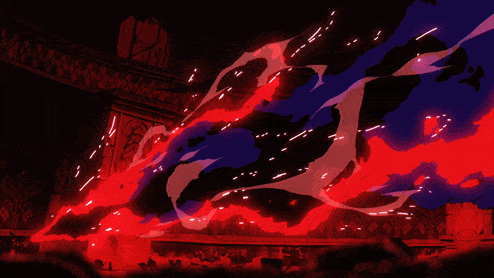 a cartoon drawing of a red and blue object with a flame coming out of it 's mouth