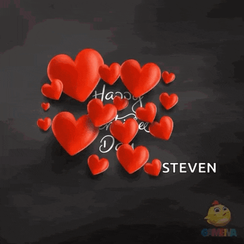 a happy valentine 's day greeting card with red hearts and the name steven
