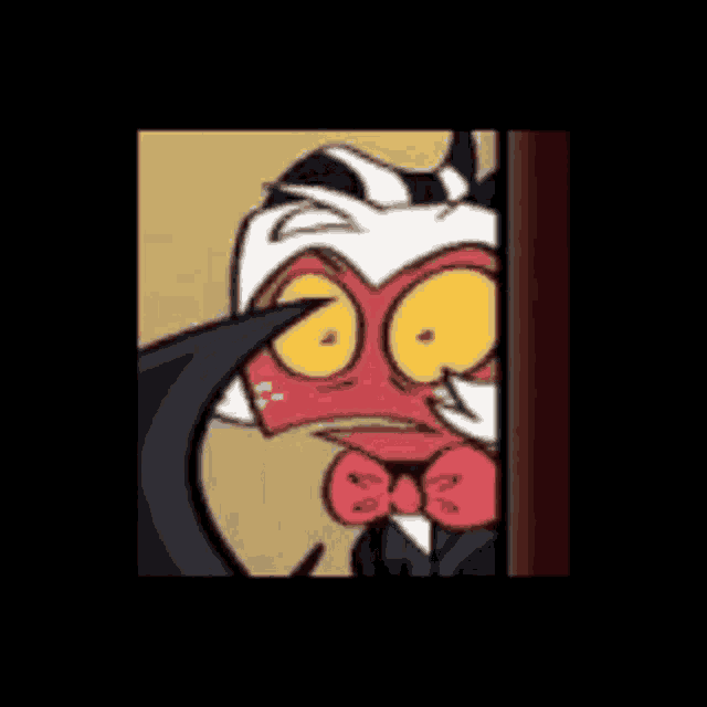 a cartoon character with big eyes and a bow tie is peeking out of a doorway .