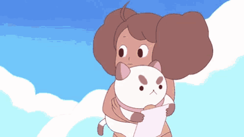 a cartoon girl is holding a cat and a piece of paper in her hands