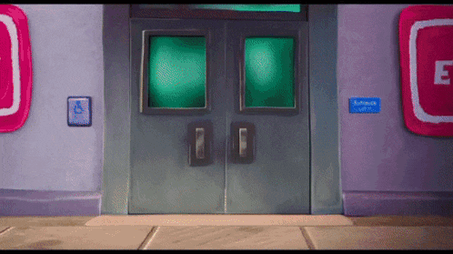 a cartoon drawing of a building with a blue sign that says entrance