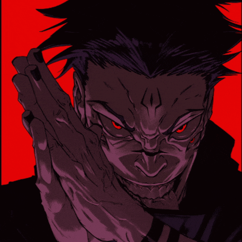 a close up of a person 's face with red eyes and black hair