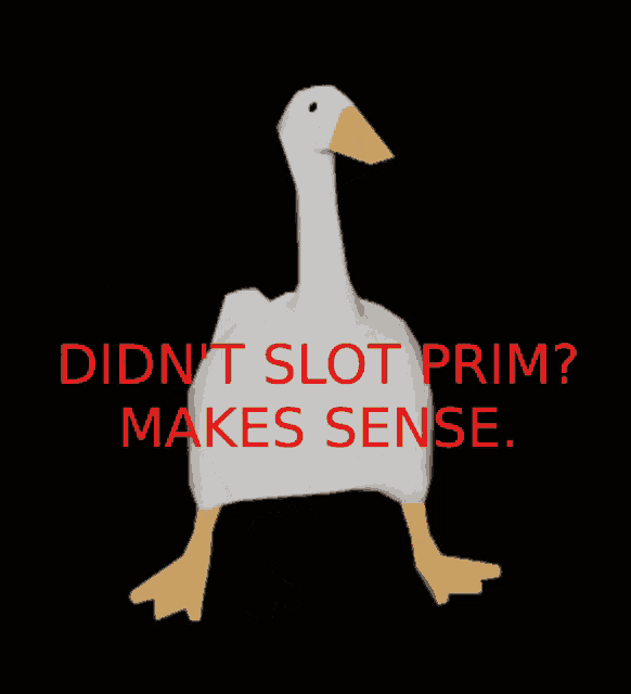 a drawing of a goose with the words didn t slot prim makes sense on it