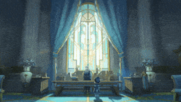 a man sitting at a table in front of a window with blue curtains