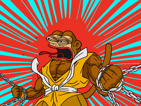 a cartoon of a monkey with chains around his arms and a red background