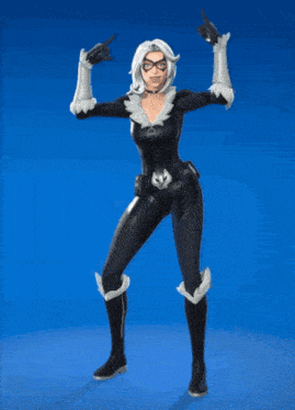a woman in a black and white superhero costume