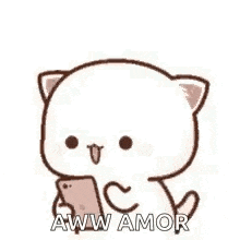 a cartoon cat is holding a cell phone and hearts are flying in the air .