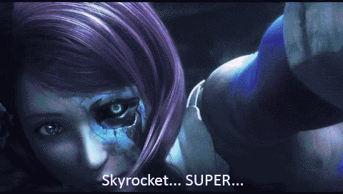 a woman with purple hair and green eyes says skyrocket