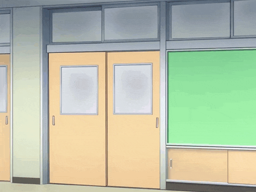 a group of people peeking out of a door in a classroom