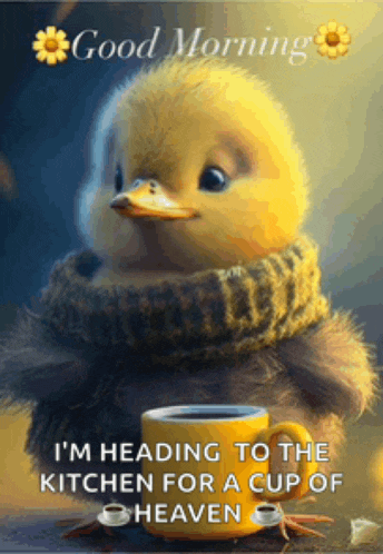 a yellow duck is holding a cup of coffee and says good morning