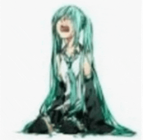 a girl with long green hair is sitting on the floor .