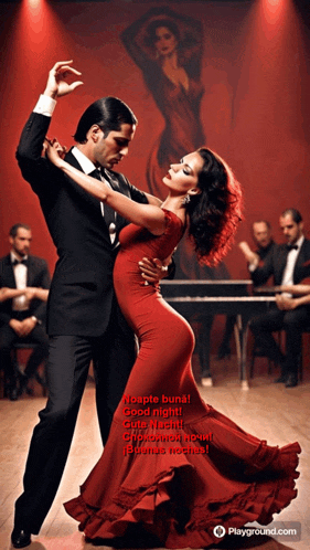 a man and a woman are dancing in front of a man playing a piano and a woman in a red dress