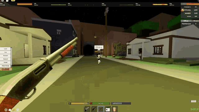 a person holding a shotgun in a video game with a sign that says " i 'm at a "