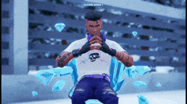 a man in a white shirt with a skull on it is surrounded by diamonds and says players hiding
