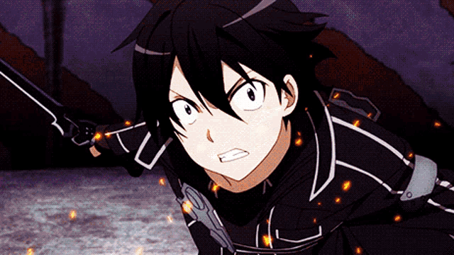 a black haired anime character is holding a sword in his hand