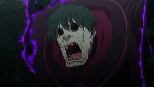 a cartoon character with green hair and black eyes has a purple background