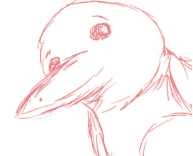 a drawing of a bird with a long beak and a red eye