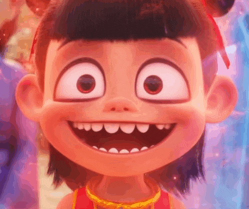 a close up of a cartoon character 's face with a big smile on her face