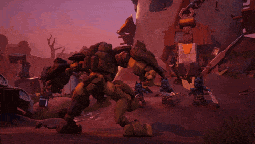 a video game scene with a robot holding a sword