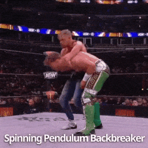 two men are wrestling in a ring with the words `` spinning pendulum backbreaker '' .