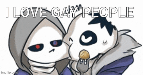a cartoon of a skeleton kissing another skeleton with the words `` i love gay people '' written on it .