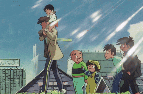 a group of cartoon characters are walking in front of a building with a sign that says ' a '