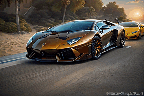a painting of a gold lamborghini and a yellow lamborghini on a road