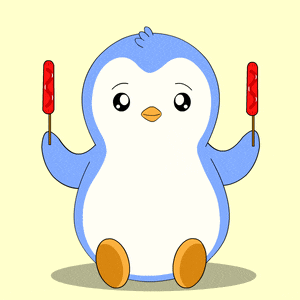 a blue and white penguin is holding two red lollipops and a red heart