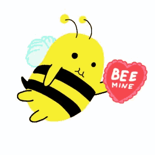 a cartoon bee is holding a red heart that says bee mine
