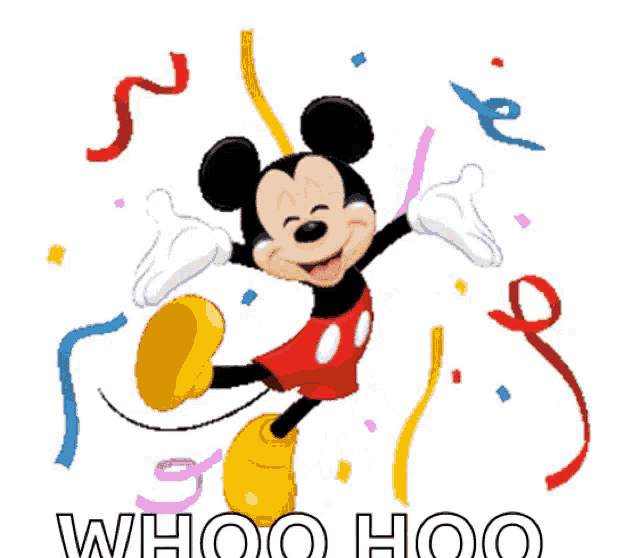 a cartoon of mickey mouse is surrounded by confetti and the words whoo hoo on the bottom