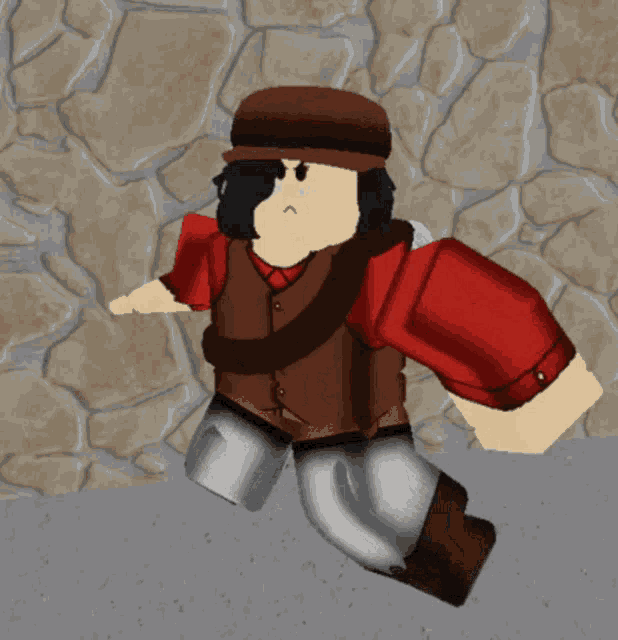a cartoon character wearing a red shirt and brown vest is standing in front of a stone wall