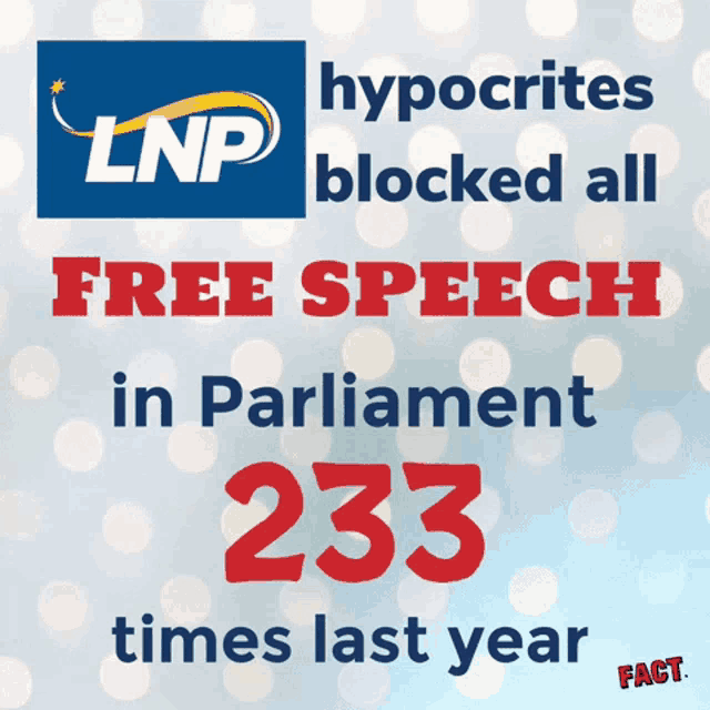 a poster with hypocrites blocking all free speech in parliament 233 times last year