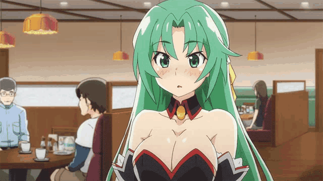 a girl with green hair is standing in a diner looking at the camera