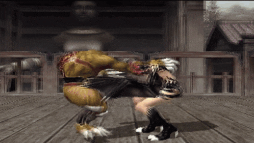 a video game character is kicking a woman in the face